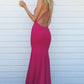 Fuchsia Mermaid V Neck Backless Long Prom Dresses with Train, Fuchsia Backless Formal Dresses   cg18819