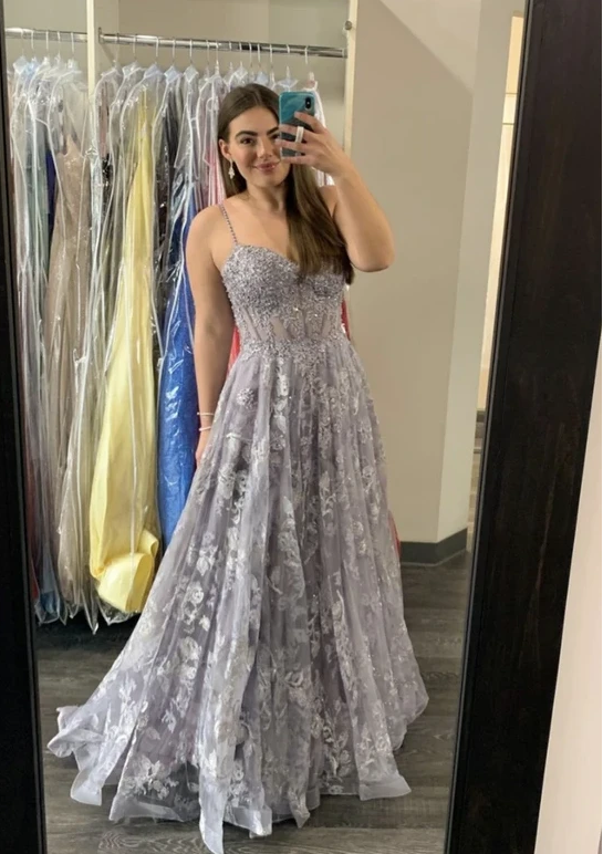 Grey tulle sequins long A line prom dress evening dress   cg18824