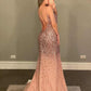 V-Neck High Slit Rose Gold Prom Dress with Crystal,    cg18851