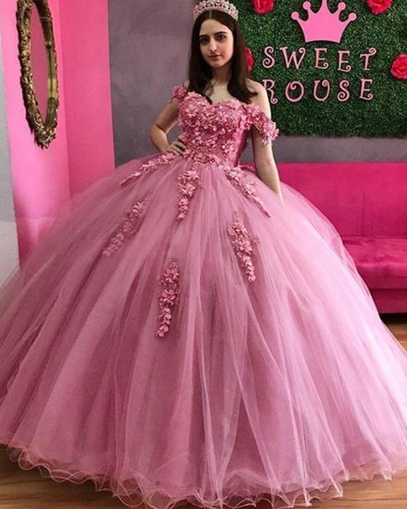 Quinceanera Dresses 3D Applique Puffy Skirt Lace-Up Back Sweet 16 Party Dress Long Prom Gowns   cg18880