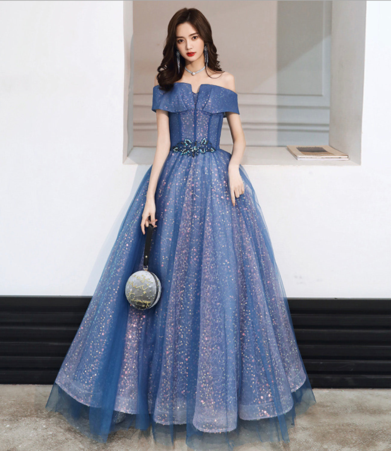 BLUE TULLE SEQUINS LONG BALL GOWN DRESS FORMAL DRESS prom dress   cg18884