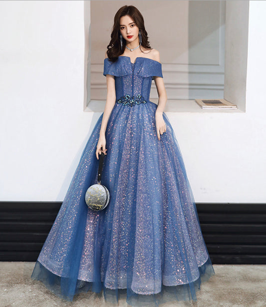 BLUE TULLE SEQUINS LONG BALL GOWN DRESS FORMAL DRESS prom dress   cg18884