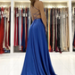 Blue v neck satin prom dress A line backless evening dress   cg18913