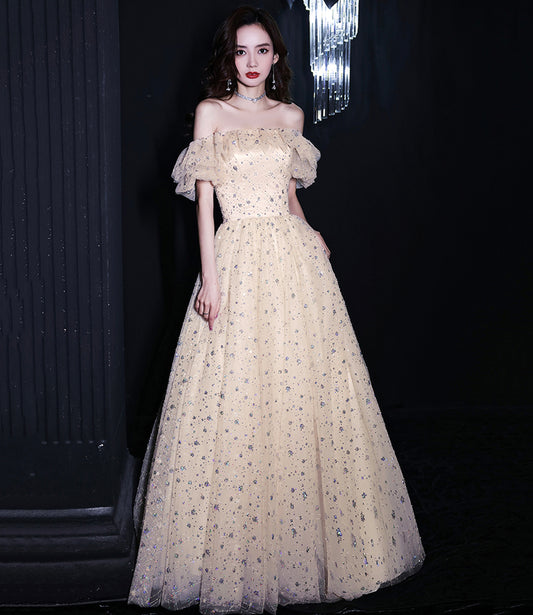 CHAMPAGNE TULLE SEQUINS LONG PROM DRESS EVENING DRESS    cg18960