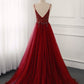 Beautiful Burgundy Long Tulle V-neckline Beaded Junior Prom Dress, Dark Red Party Dress   cg18996