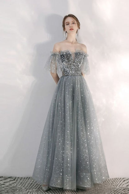 Off the Shoulder Grey Prom Dress    cg19050