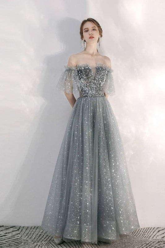 Off the Shoulder Grey Prom Dress    cg19050