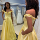 Off Shoulder 3D Flowers Yellow Satin Long Prom Dresses, Yellow Floral Formal Dresses    cg19064