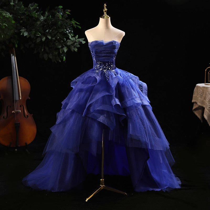 High Low Blue Prom Dresses Ruffles Tiered Crystal Beaded Top Formal Women Party Dress Long Gown Plus Size    cg16072