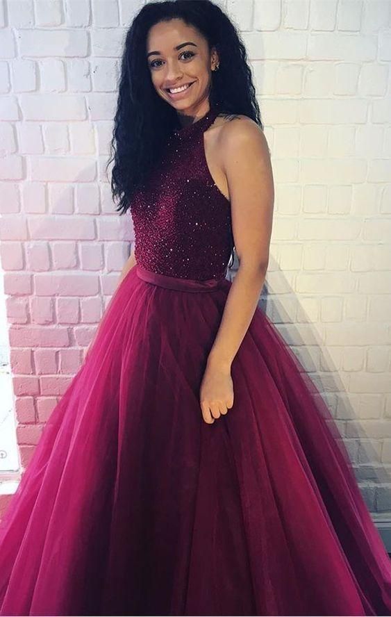 Charming Princess/A-Line Burgundy Tulle Beaded Prom Dresses   cg19092