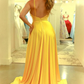 Simple V Neck Backless Yellow Satin Long Prom Dress, Long Backless Yellow Formal Evening Dress   cg19097