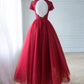 Dark Red Lace High Neckline Beaded Prom Dress, Tulle Evening Dress Formal Dress   cg19163