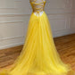 Yellow v neck tulle long prom dress yellow formal dress   cg19164