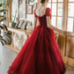 BURGUNDY TULLE BEADS LONG PROM DRESS A LINE EVENING DRESS    cg19212
