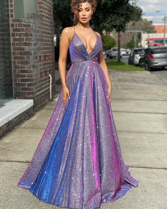 Spaghetti Straps Ombre Metallic A-line Prom Dress    cg19243