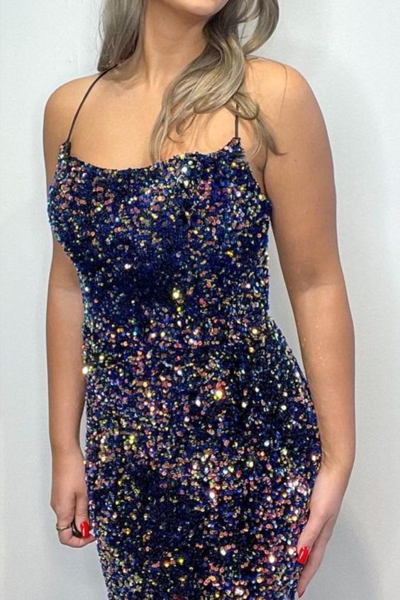 mermaid navy blue sparkle sequined long formal dress prom dress    cg19310