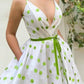 A Line V Neck Green Dot White Long Prom Dresses, Green Dot Long Formal Evening Dresses    cg19314