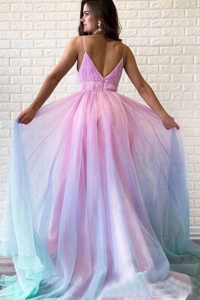 Ombre Spaghetti Straps Sleeveless A Line Prom Dress/ Custom Dresses     cg19325