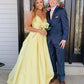 A-Line Satin Spaghetti Straps Long Yellow Prom Dress with Beading Pockets    cg19326