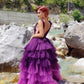 Purple Tiered Tulle Skirt Prom Dresses Deep V-neckline   cg19385