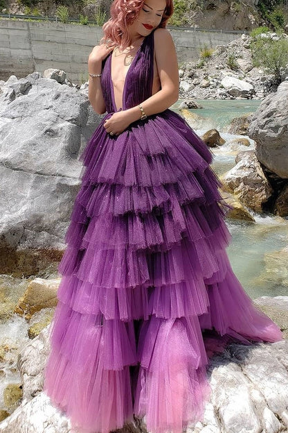 Purple Tiered Tulle Skirt Prom Dresses Deep V-neckline   cg19385