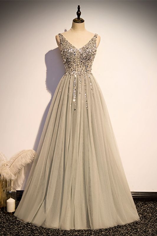 grey tulle long party prom dress with v neck and silver sequins beaded bodice   cg19392
