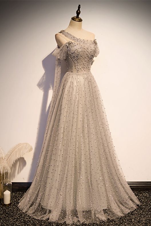one shoulder grey tulle and pearls long formal prom dress graduaiton dress 2021    cg19393
