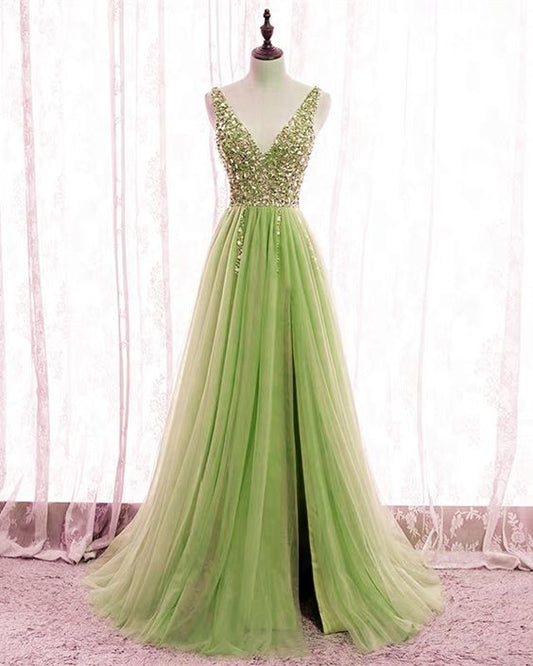 Sage green bridesmaid gowns tulle split v neck formal dresses Prom Gowns, Formal Women Dress   cg19414