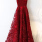 BURGUNDY ROUND NECK LACE LONG PROM DRESS, BURGUNDY EVENING DRESS    cg19433
