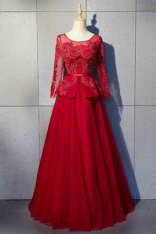 Elegant Scoop Long Sleeve Corset Red Tulle Beaded A Line Prom Evening Dress   cg19437