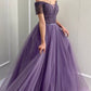 A-line purple tulle long formal prom dress with off the shoulder beads   cg19457