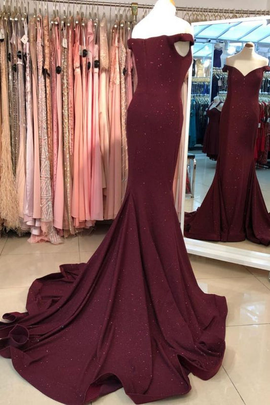 Glitter Off the Shoulder Burgundy Prom Dress    cg19460