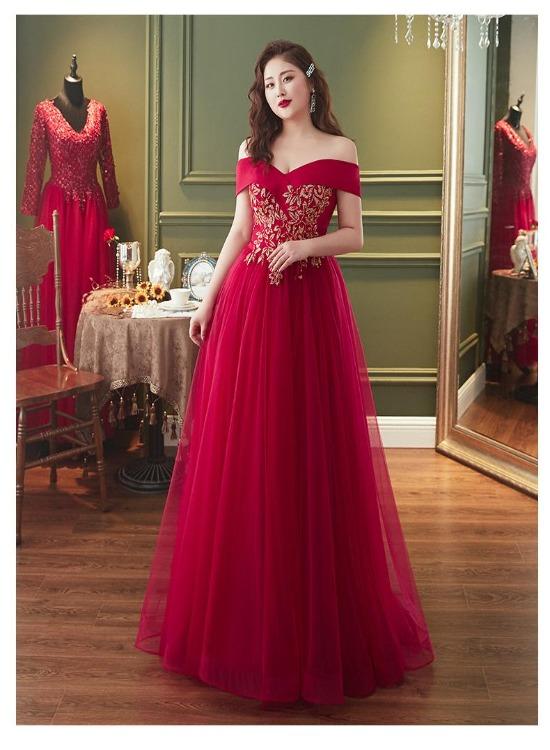 Red Plus Size Tulle Off Shoulder Long Evening Dress, Red A-Line Prom Dress Formal Dress    cg19469