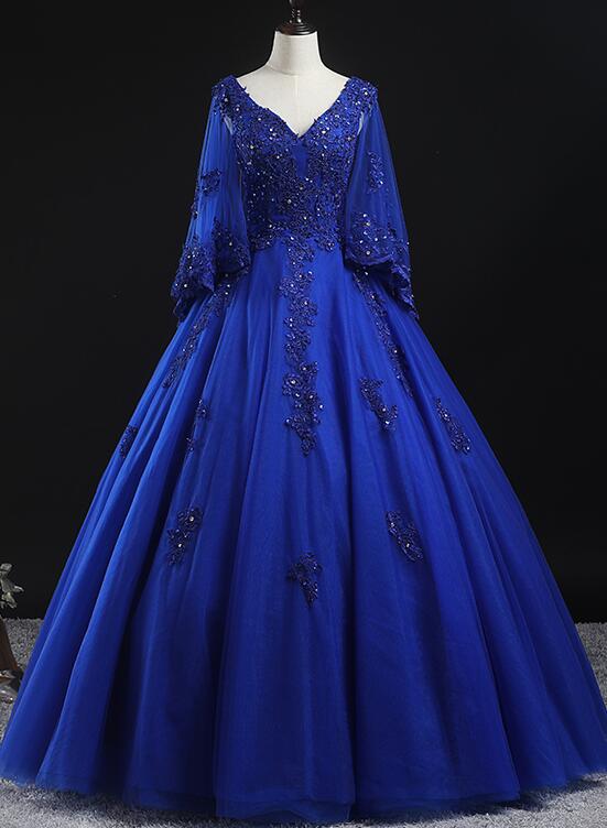 Royal Blue Ball Gown Lace Applique Quinceanera Dresses, Tulle Floor Length Sweet 16 Dresses Prom Dress    cg19474