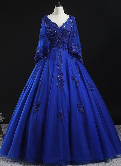 Royal Blue Ball Gown Lace Applique Quinceanera Dresses, Tulle Floor Length Sweet 16 Dresses Prom Dress    cg19474