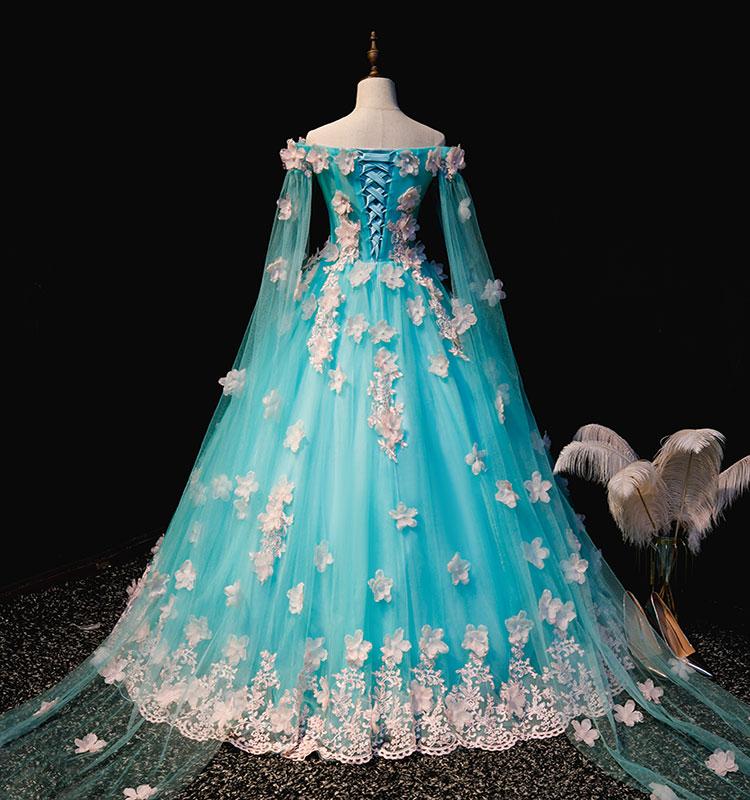 Mint Blue Tulle Embroidery Silk Flowers Quinceanera Dress, Blue Long Ball Gown Formal prom Dress    cg19476