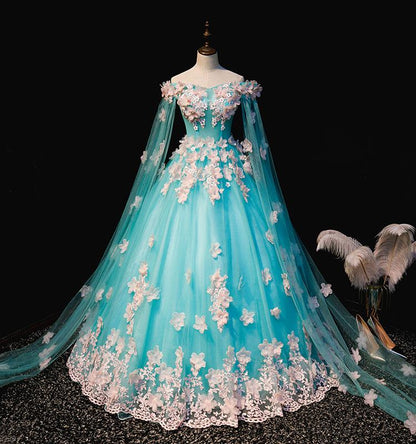 Mint Blue Tulle Embroidery Silk Flowers Quinceanera Dress, Blue Long Ball Gown Formal prom Dress    cg19476