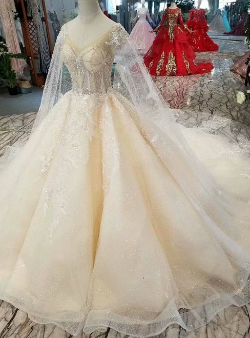 Champagne Tulle Appliques V-neck Backless Beading Prom Dress With Long Train    cg19480