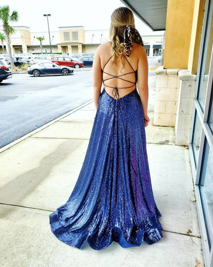 Straps Navy Blue Sequins Prom Dress with Slit,    cg19502