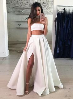 Two Piece Strapless Split Front White Long Prom dress cg1951