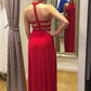Sexy A-Line Halter Red Long Chiffon Prom Dresses with Beading Keyhole    cg19556