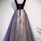 BLUE V NECK TULLE LONG A LINE PROM DRESS FORMAL DRESS    cg19562
