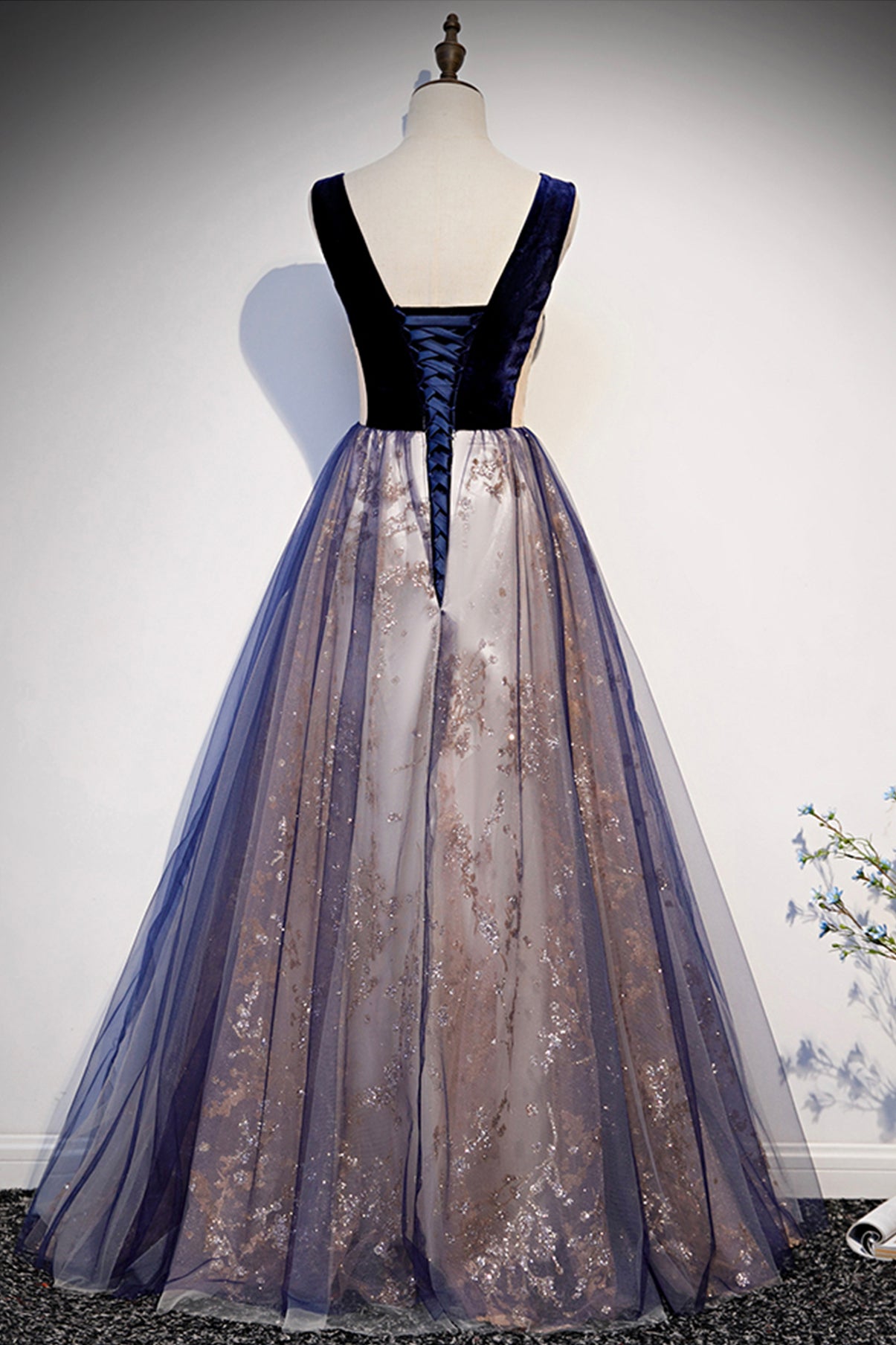 BLUE V NECK TULLE LONG A LINE PROM DRESS FORMAL DRESS    cg19562