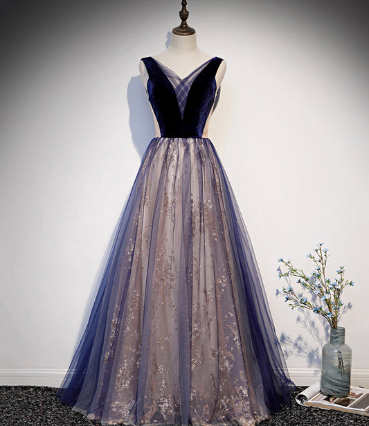 BLUE V NECK TULLE LONG A LINE PROM DRESS FORMAL DRESS    cg19562