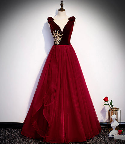 BURGUNDY TULLE LONG A LINE PROM DRESS FORMAL DRESS    cg19563