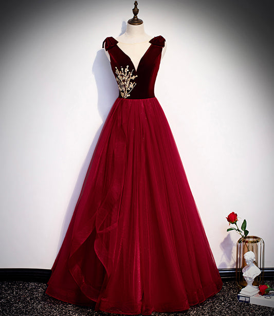 BURGUNDY TULLE LONG A LINE PROM DRESS FORMAL DRESS    cg19563