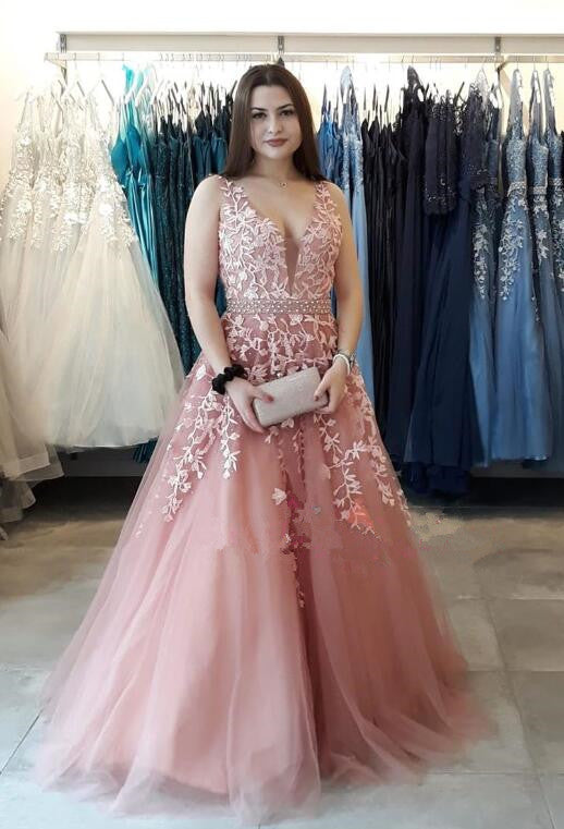 Blush Pink A-line Lace Appliques Long Formal prom Dress    cg19568