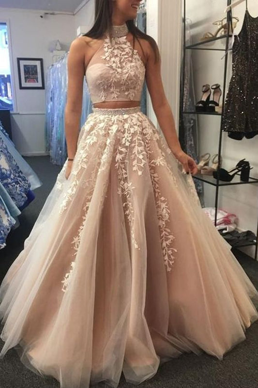 Elegant 2 Pieces Halter Long A-line Prom Dresses With Appliques    cg19595
