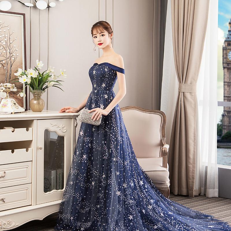 Navy Blue Charming Off Shoulder Long Formal Dress 2021 prom dress evening dress    cg19611