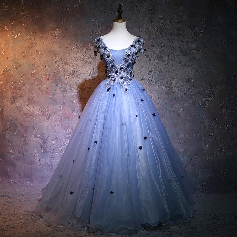 Charming Blue Ball Gown Lace Long Formal prom Dress, Blue Tulle Sweet 16 Dress With Flowers    cg19613